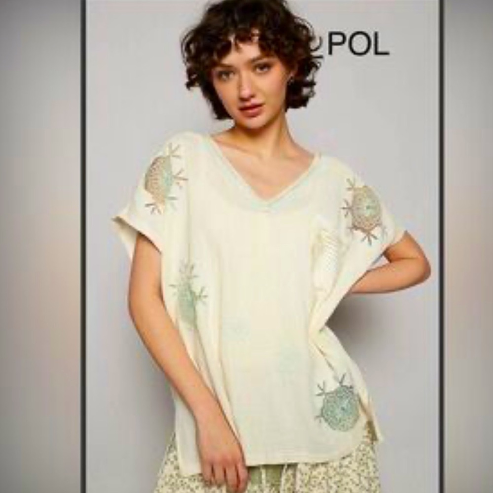 POL GREEN EMBROIDERED TOP